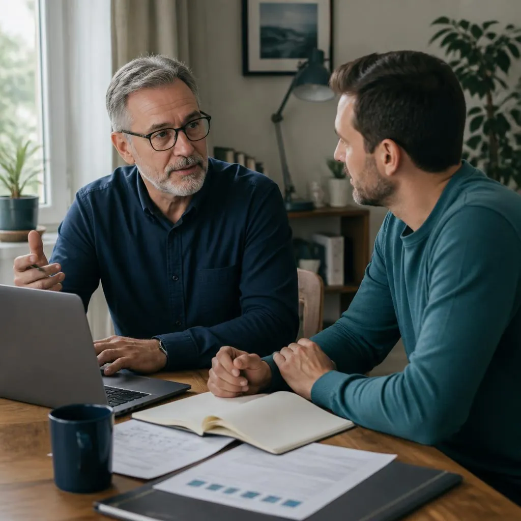 An experienced man in his early 60s advising a small-business owner from his home office.