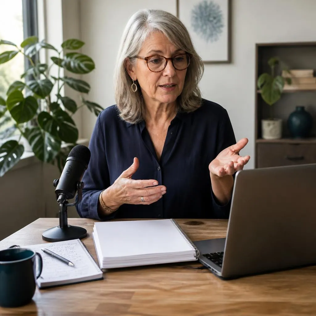 A woman in her early 60s preparing a short lesson at a home-office desk with a laptop and notes.